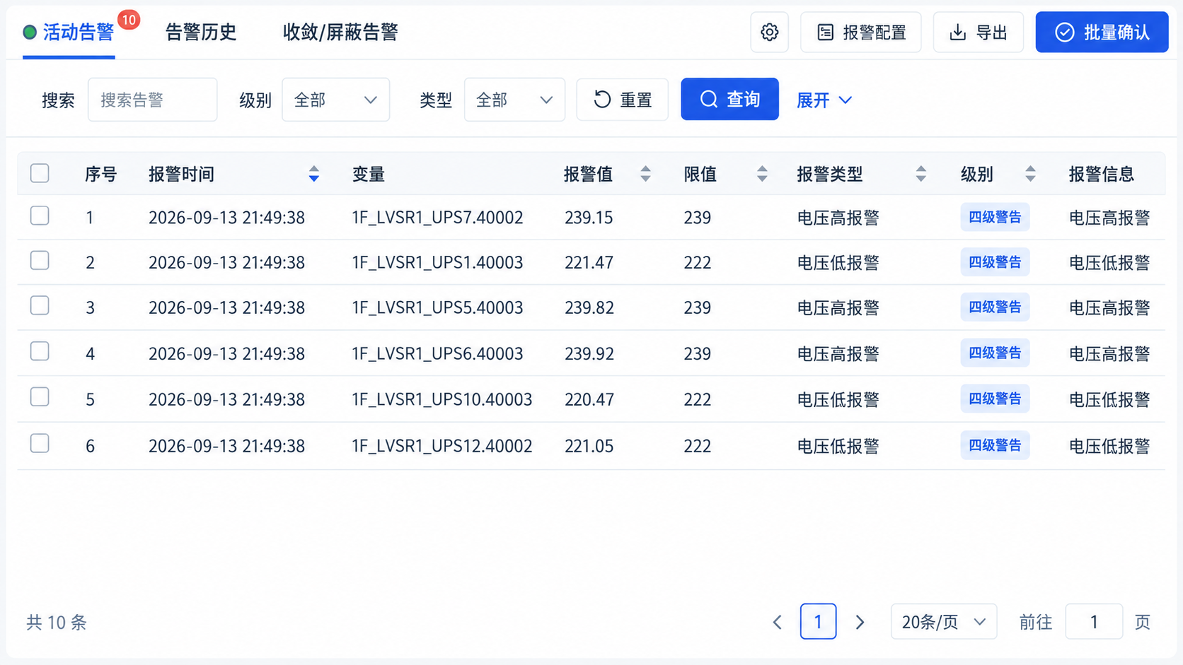 告警管理功能示意:活动告警、告警历史、收敛与屏蔽分类,筛选条件和完整事件列表